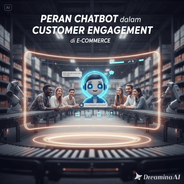 Ilustrasi chatbot AI berbicara dengan pelanggan melalui layar smartphone di toko online.