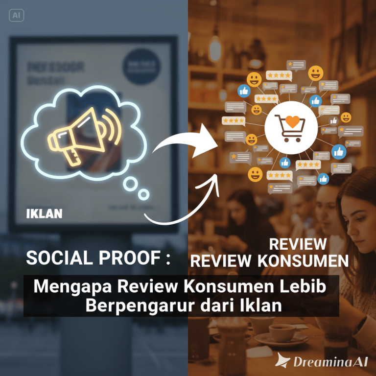 Ilustrasi orang membaca review online di smartphone dengan ikon bintang dan komentar positif.