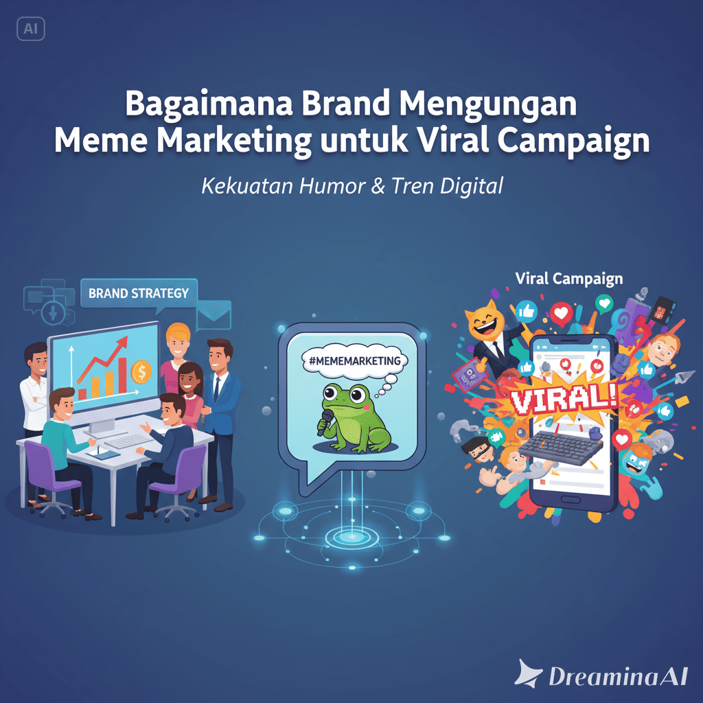 Ilustrasi marketer membuat meme lucu di laptop dengan ikon media sosial di sekitar.