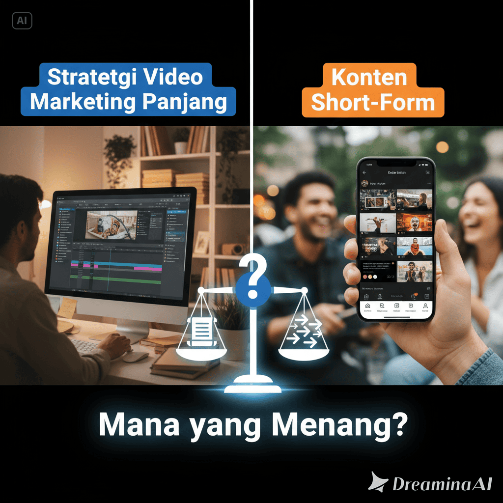 Ilustrasi dua layar: satu menampilkan video panjang di YouTube, satu lagi video pendek vertikal di smartphone.