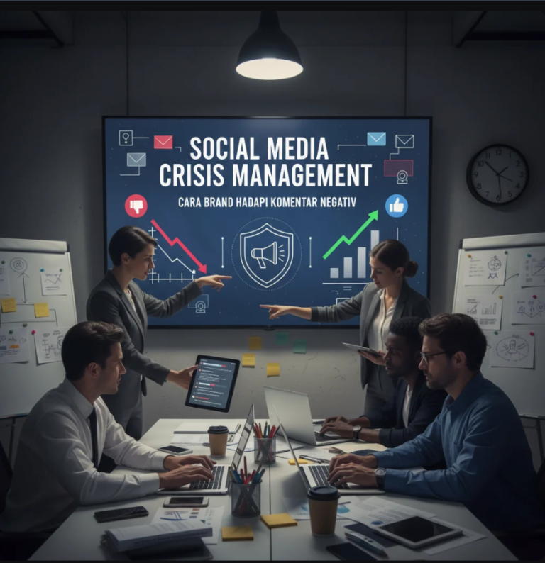 Tim media sosial menganalisis komentar negatif di layar komputer untuk strategi manajemen krisis digital.