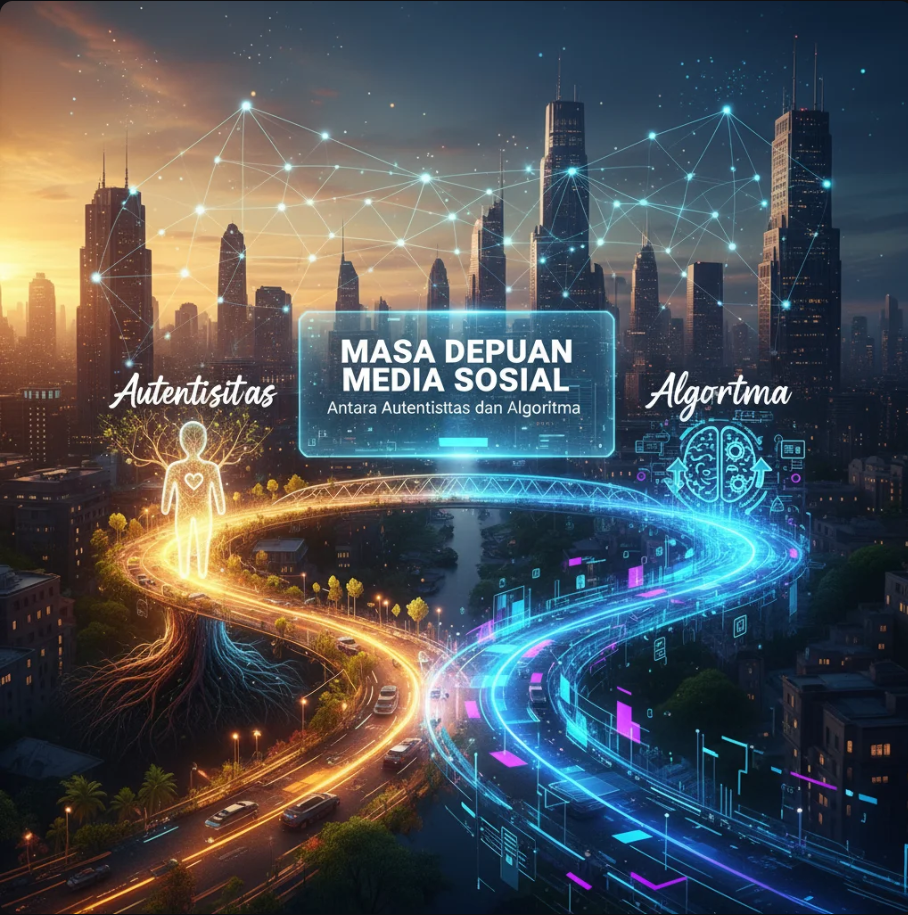 Ilustrasi wajah manusia dan algoritma digital yang terhubung melalui jaringan media sosial.