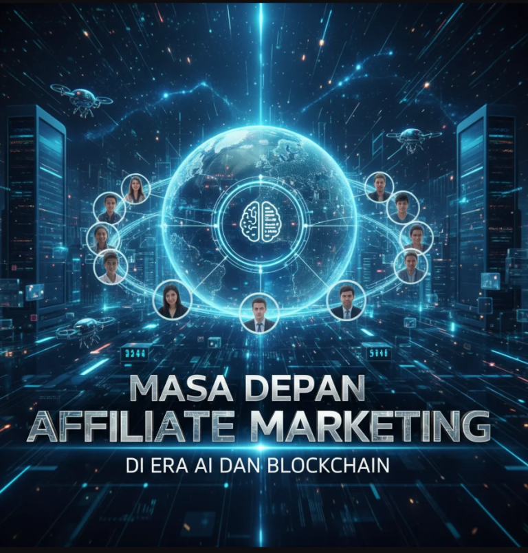 Ilustrasi jaringan digital antara brand, affiliate, dan konsumen yang terhubung melalui AI dan blockchain.