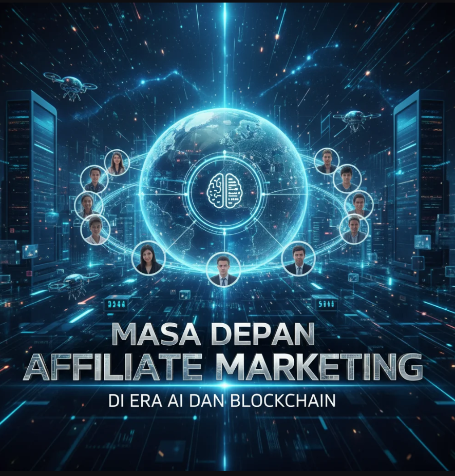 Ilustrasi jaringan digital antara brand, affiliate, dan konsumen yang terhubung melalui AI dan blockchain.