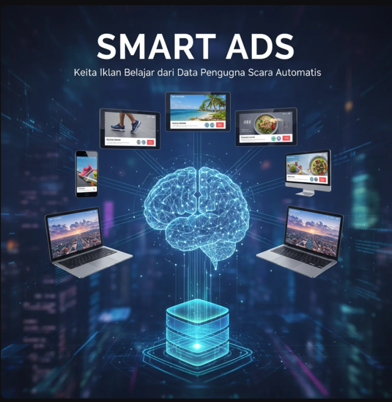 Ilustrasi AI yang memproses data pengguna untuk menampilkan iklan personal secara otomatis.