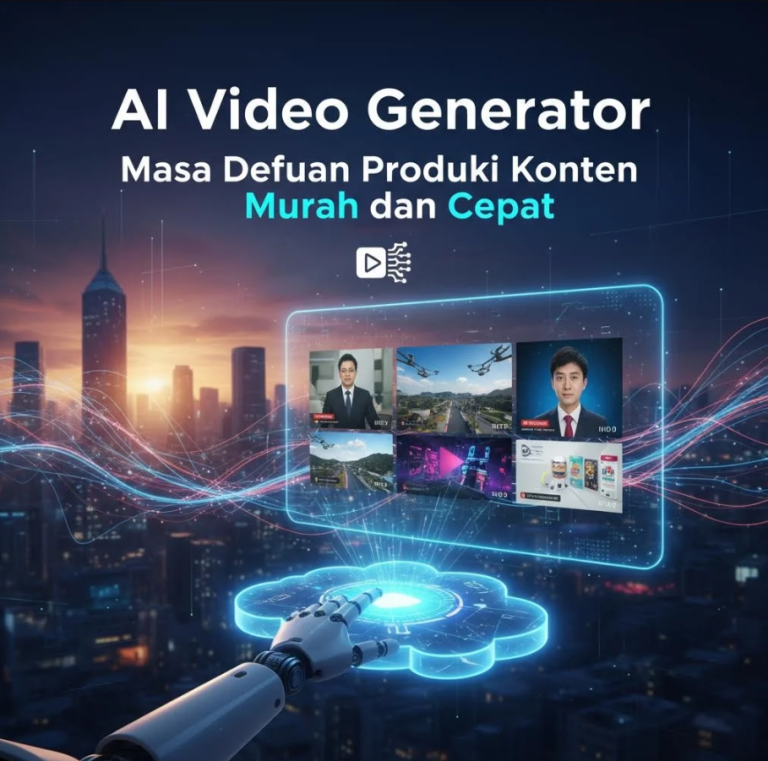 Ilustrasi AI video generator yang memproduksi video otomatis dengan interface digital futuristik.
