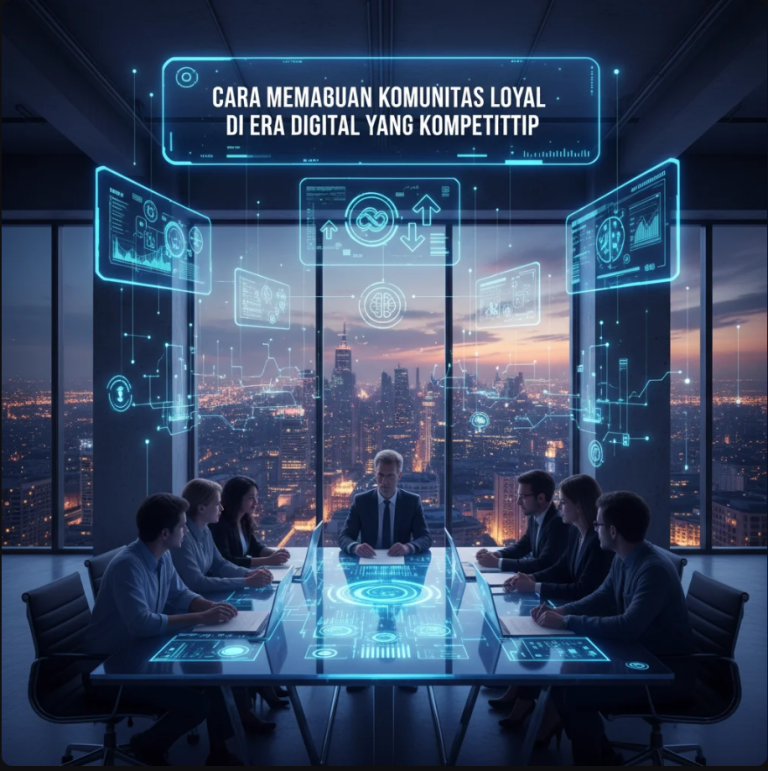 Ilustrasi komunitas digital terhubung melalui jaringan online dengan simbol interaksi dan loyalitas.