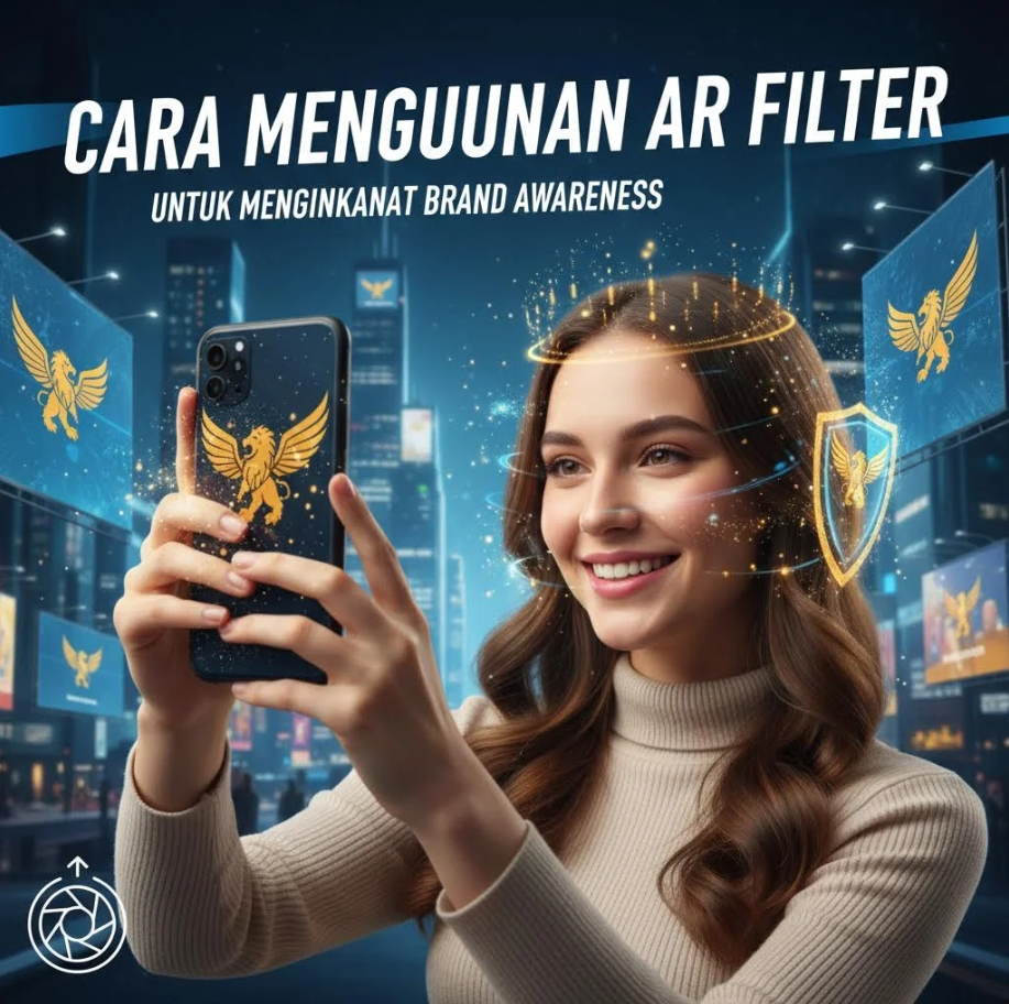 Pengguna smartphone mencoba AR filter brand dengan elemen visual digital