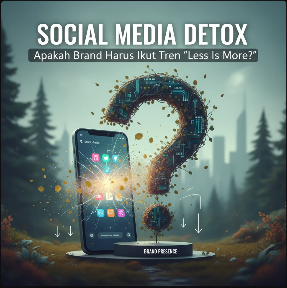 Tim marketing sedang melakukan brainstorming dengan latar visual minimalis bertema media sosial dan keseimbangan digital.