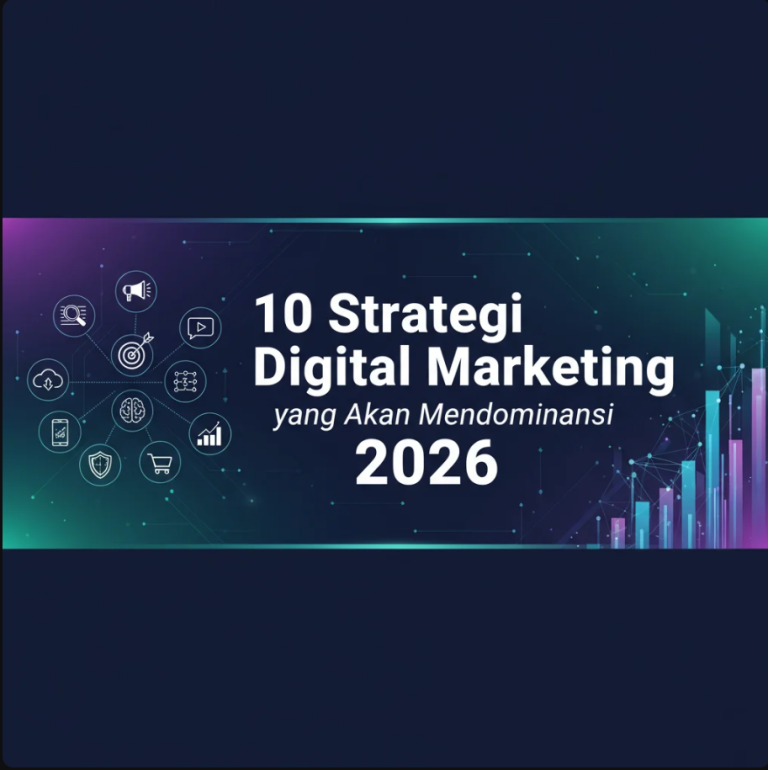 Tim marketer berdiskusi di ruang futuristik dengan layar digital menampilkan tren AI dan strategi pemasaran 2026.
