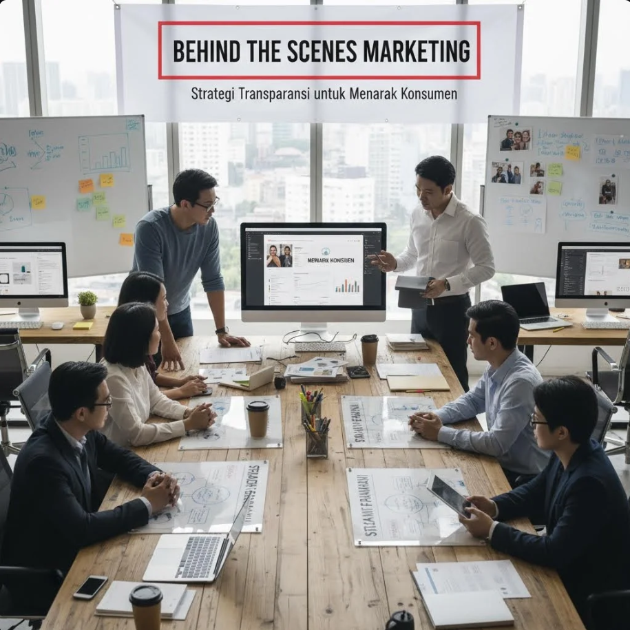Tim kreatif sedang merekam proses produksi di balik layar untuk konten behind-the-scenes sebuah brand