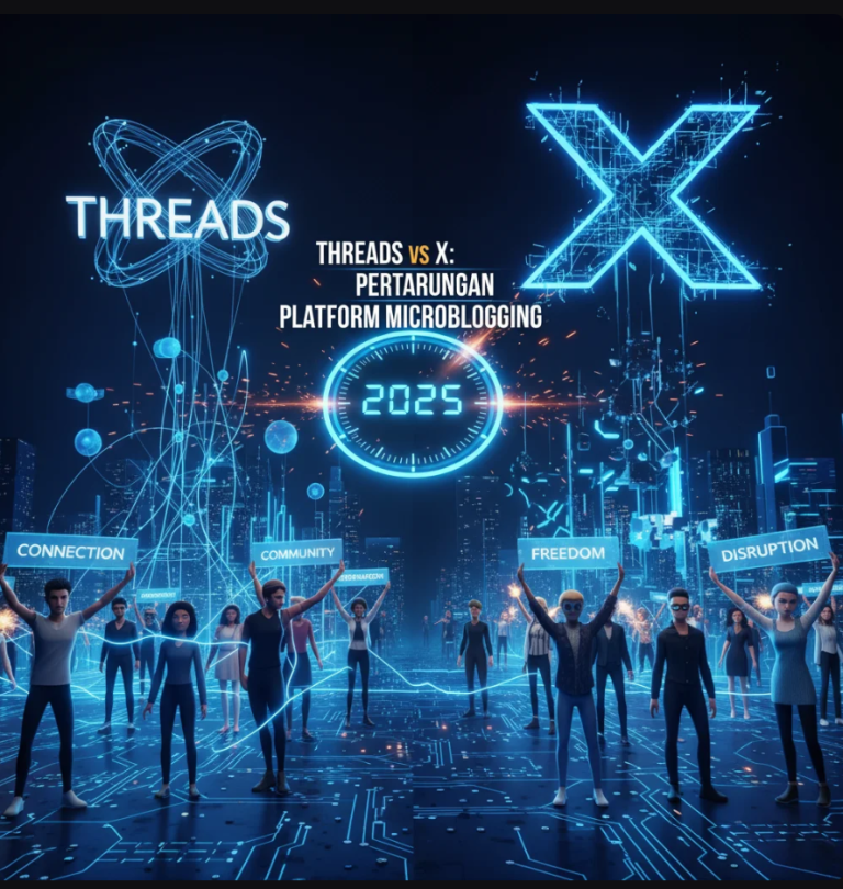 Logo Threads dan X berdampingan di layar smartphone futuristik dengan latar data digital yang berkilau.