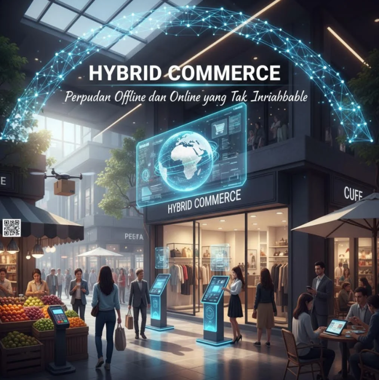 Pelanggan berbelanja sambil menggunakan smartphone untuk memindai produk di toko hybrid modern