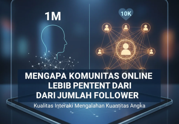 Ilustrasi sekelompok orang terhubung melalui jaringan digital melambangkan komunitas online yang aktif.