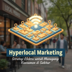 Ilustrasi peta dengan titik lokasi bisnis dan ikon konsumen di area sekitar.