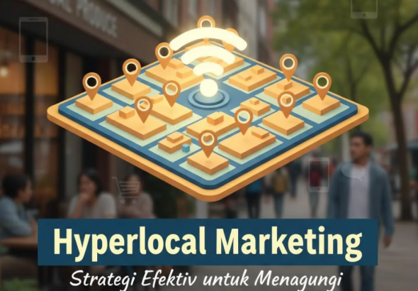 Ilustrasi peta dengan titik lokasi bisnis dan ikon konsumen di area sekitar.