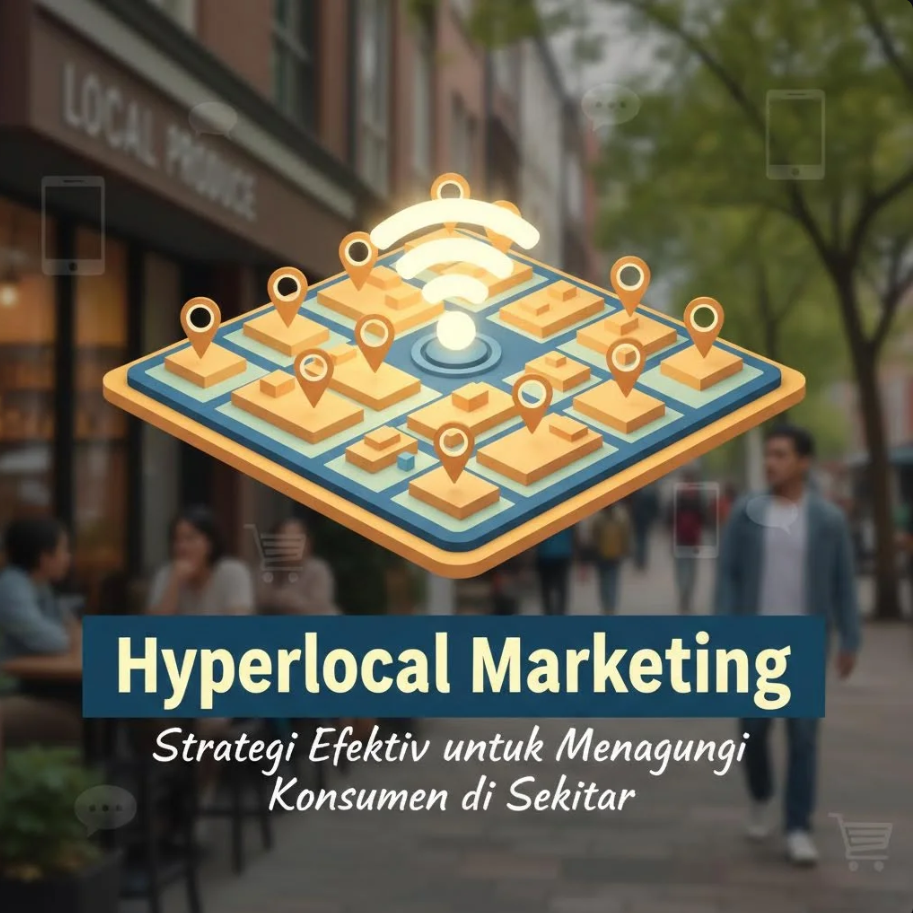 Ilustrasi peta dengan titik lokasi bisnis dan ikon konsumen di area sekitar.