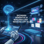 AI menulis teks iklan di layar holografik dengan kolaborasi manusia di sampingnya.