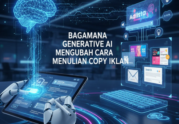 AI menulis teks iklan di layar holografik dengan kolaborasi manusia di sampingnya.