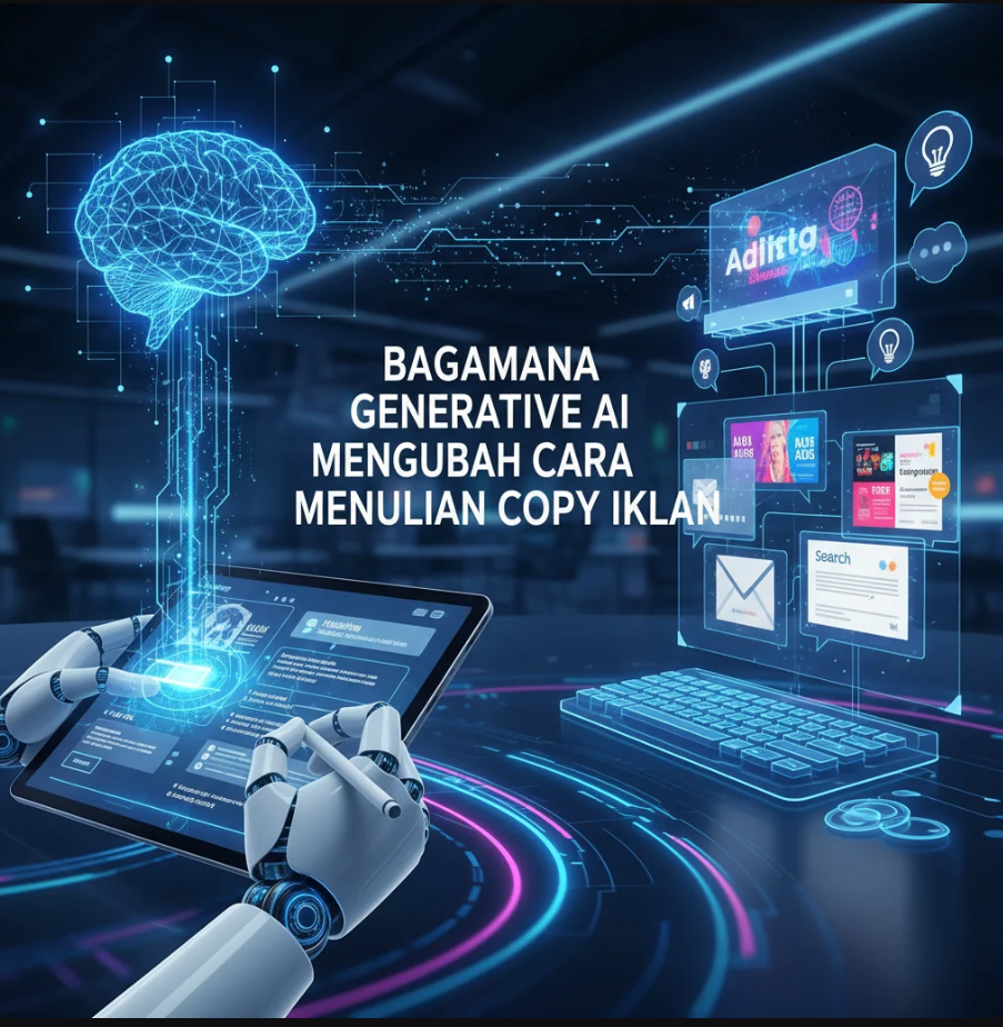 AI menulis teks iklan di layar holografik dengan kolaborasi manusia di sampingnya.