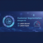 Diagram segmentasi pelanggan dengan elemen AI dan data analitik futuristik.