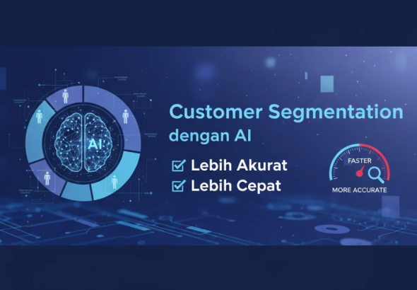 Diagram segmentasi pelanggan dengan elemen AI dan data analitik futuristik.
