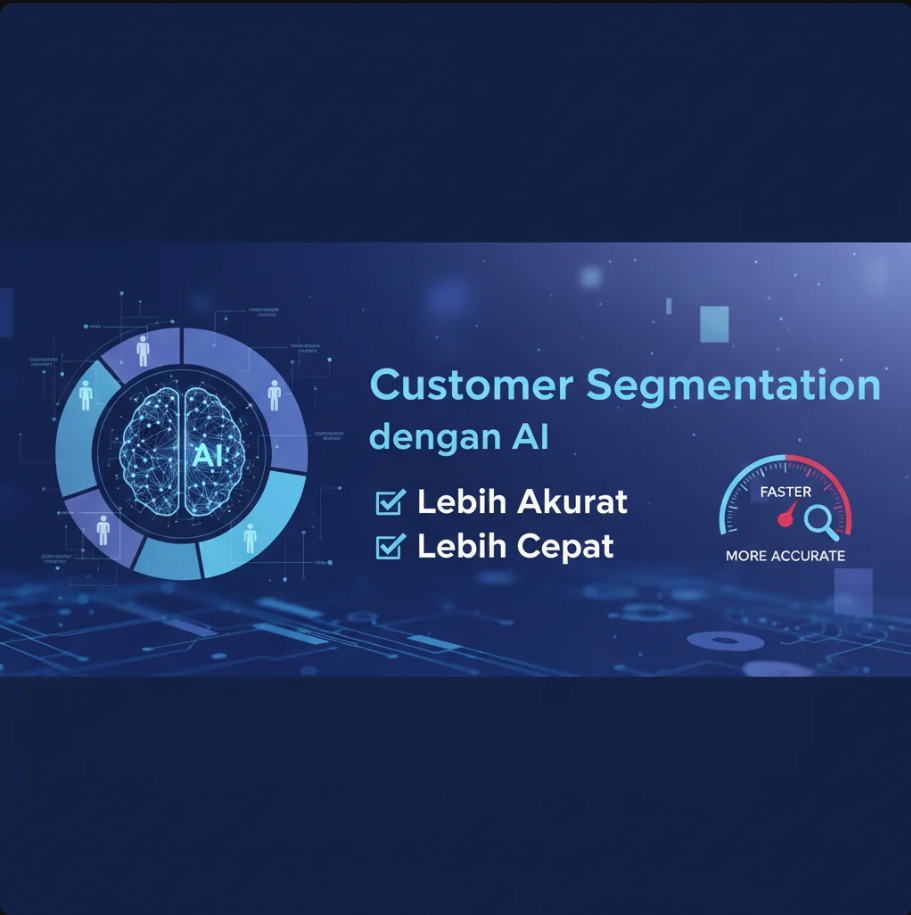 Diagram segmentasi pelanggan dengan elemen AI dan data analitik futuristik.