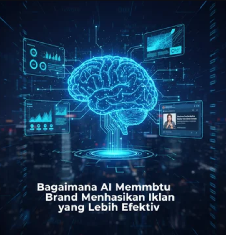 AI assistant analyzing marketing data and creating digital ads on a futuristic holographic screen.