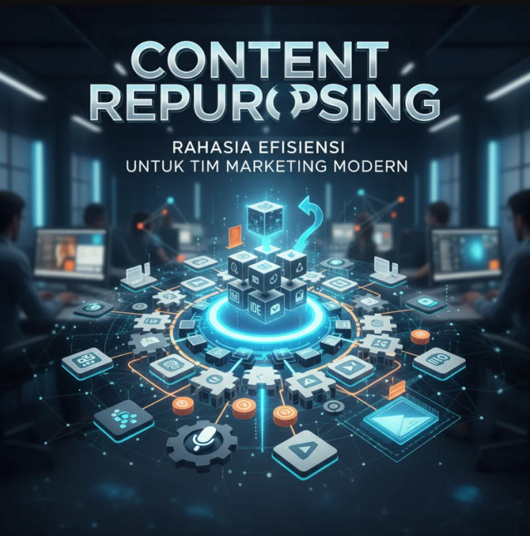 Tim marketing duduk bersama laptop dan papan ide, sedang menyusun konten lama menjadi berbagai format baru: artikel, video, infografis