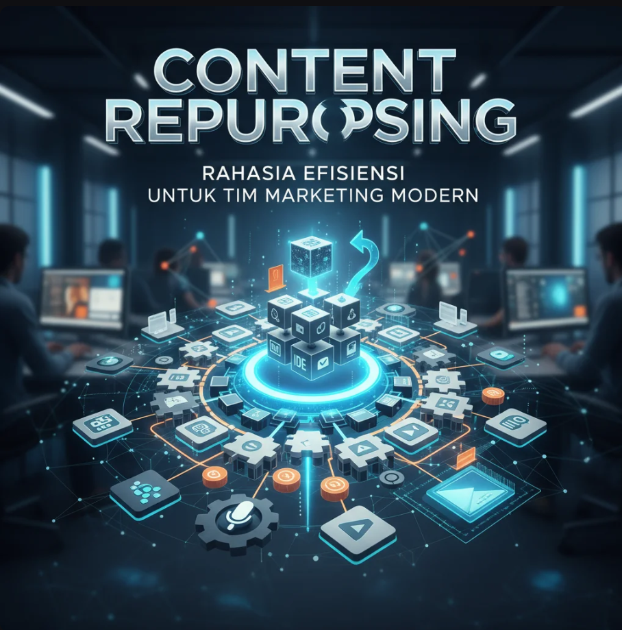 Tim marketing duduk bersama laptop dan papan ide, sedang menyusun konten lama menjadi berbagai format baru: artikel, video, infografis