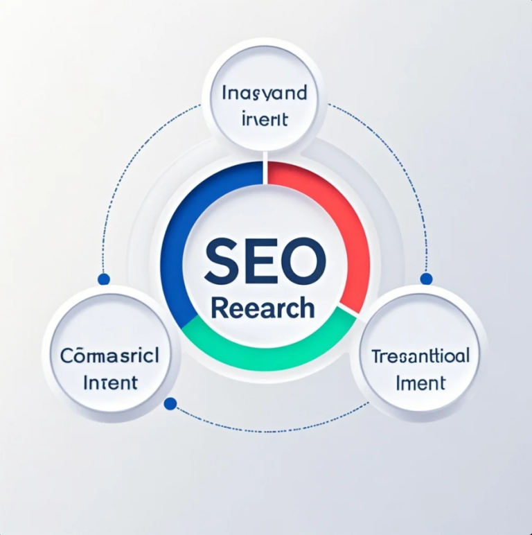 Diagram funnel intent keyword dari informational ke commercial hingga transactional, dengan contoh kata kunci di tiap tahap