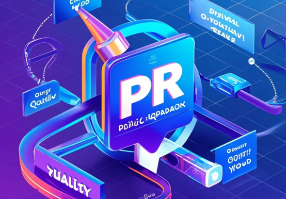 Ilustrasi tim marketing menyusun press pitch di laptop dengan dashboard backlink dan ikon media online