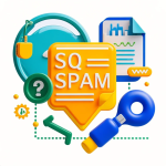 Ilustrasi dashboard SEO dengan ikon schema, bintang review, label produk, dan kotak FAQ tersusun rapi