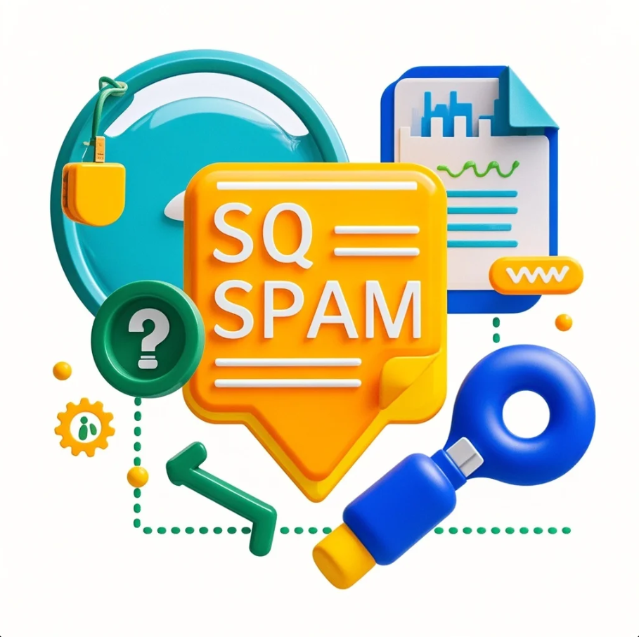 Ilustrasi dashboard SEO dengan ikon schema, bintang review, label produk, dan kotak FAQ tersusun rapi