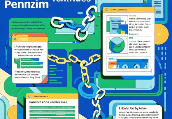 Ilustrasi jaringan backlink digital yang terhubung dengan simbol keamanan SEO