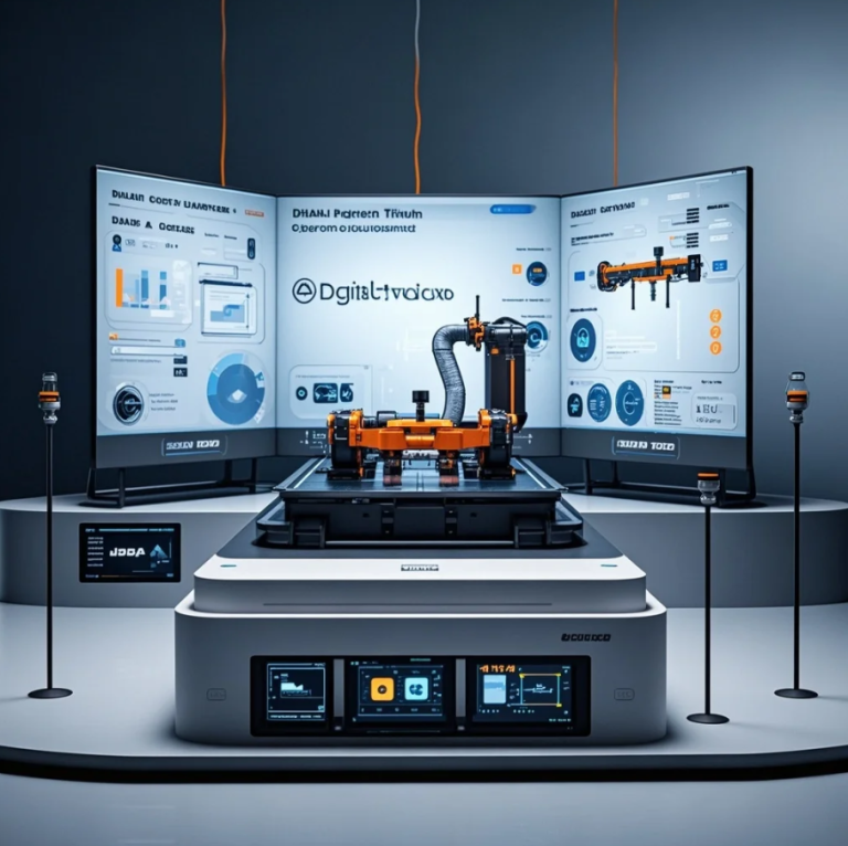 Ilustrasi digital twin berupa produk virtual 3D yang terhubung ke data real-time