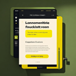 Tampilan landing page di laptop dengan checklist copywriting, tombol CTA mencolok, dan ikon trust seperti rating dan garansi