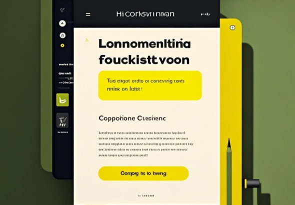 Tampilan landing page di laptop dengan checklist copywriting, tombol CTA mencolok, dan ikon trust seperti rating dan garansi
