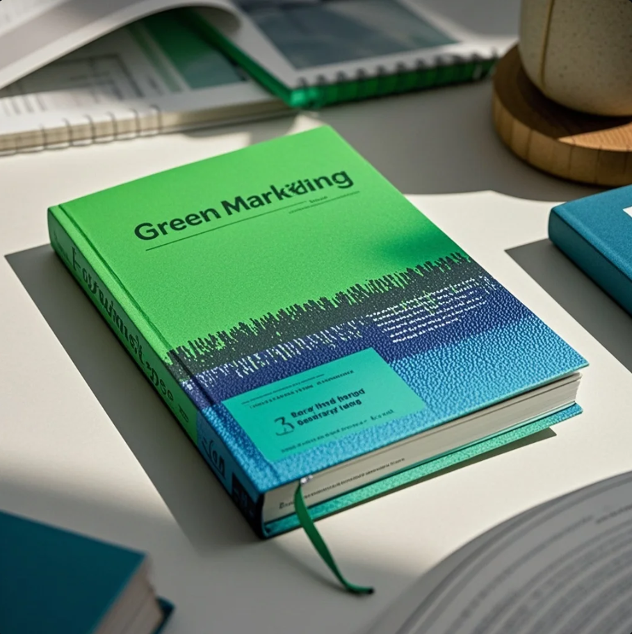 Ilustrasi brand ramah lingkungan dengan daun, kemasan minimal, dan grafik penjualan yang naik