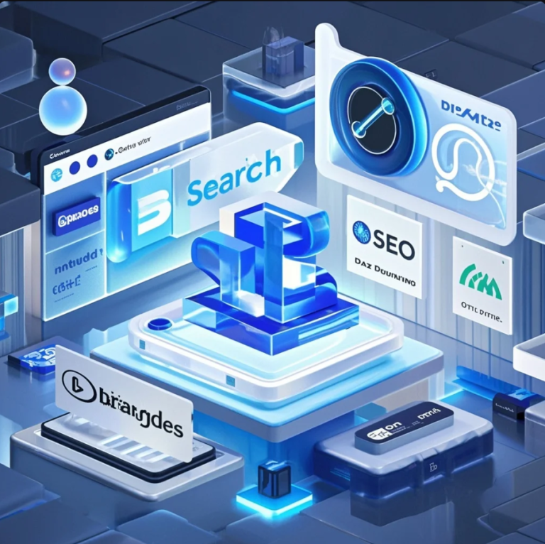 Ilustrasi peralihan dari kotak pencarian ke asisten AI, dengan ikon brand, komunitas, dan konten