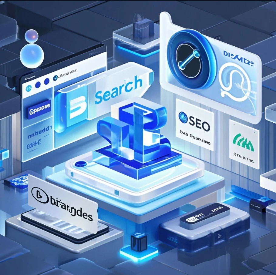 Ilustrasi peralihan dari kotak pencarian ke asisten AI, dengan ikon brand, komunitas, dan konten